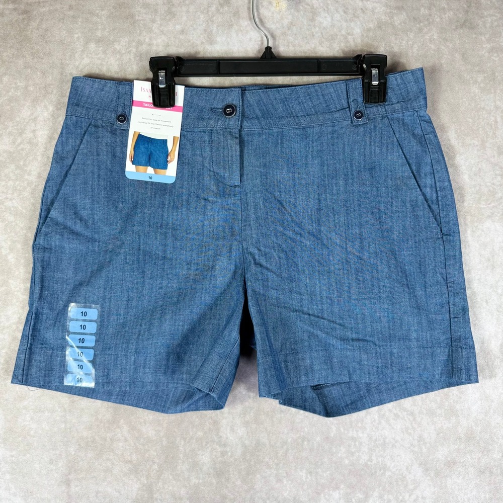 Isaac Mizrahi Tailored Shorts Women 10 Blue Cotton 5" Inseam Preppy Coastal